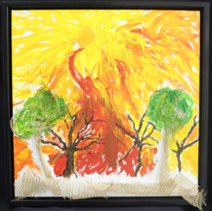 This special mixed media piece of art work made up of acrylic and raffia shows the fiery nature of the artist at the deep throes of her addiction. 